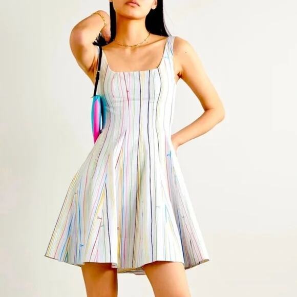 STAUD Dresses & Skirts - STAUD White Mini Dress with Multicolor Pinstripe Detail